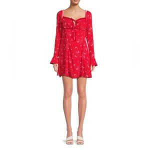 NWT FREE PEOPLE Bell Sleeve Floral Mini Peasant Dress Pop Red Combo